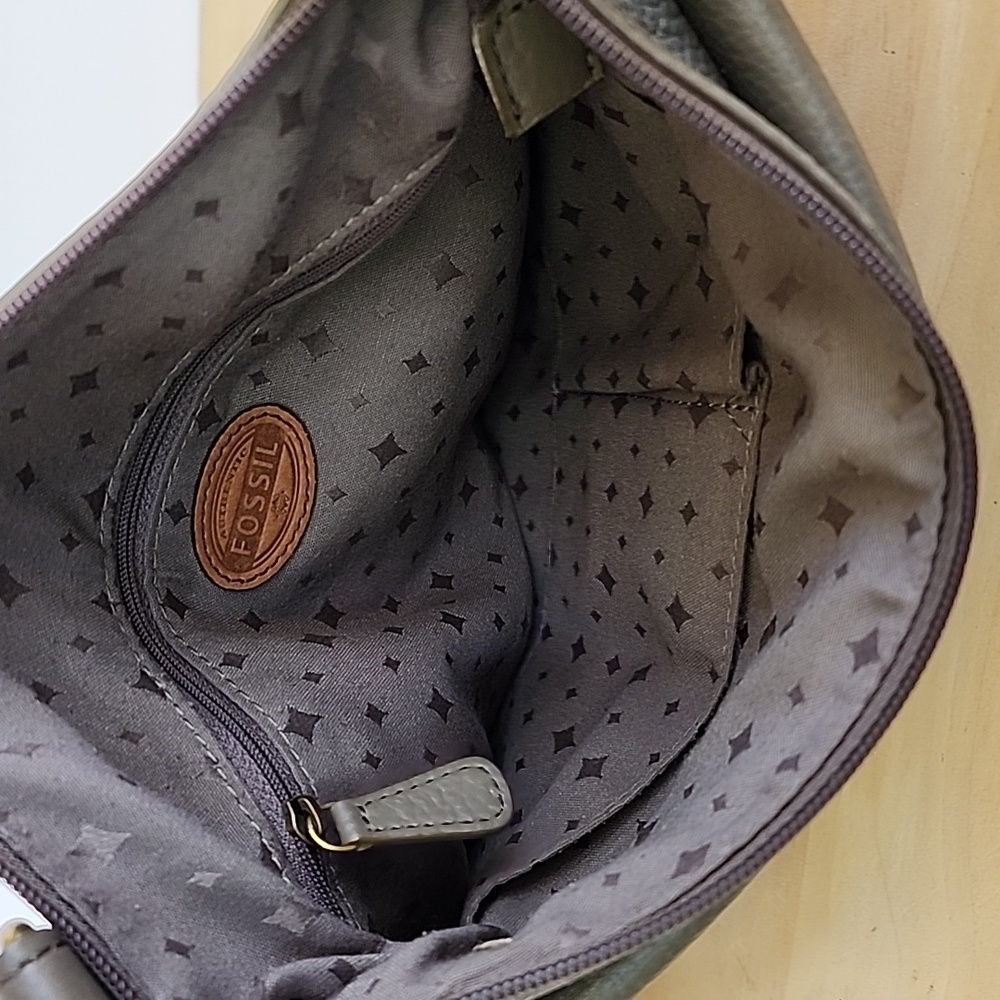 Fossil Morgan Pebbled Leather Traveler Crossbody Bag Purse Satchel Grey Green - Picture 6 of 12